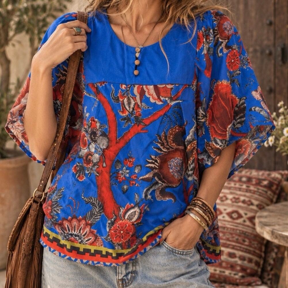 Anthropologie Blank London Cobalt Blue Floral Print Bohemian Blouse Size Small